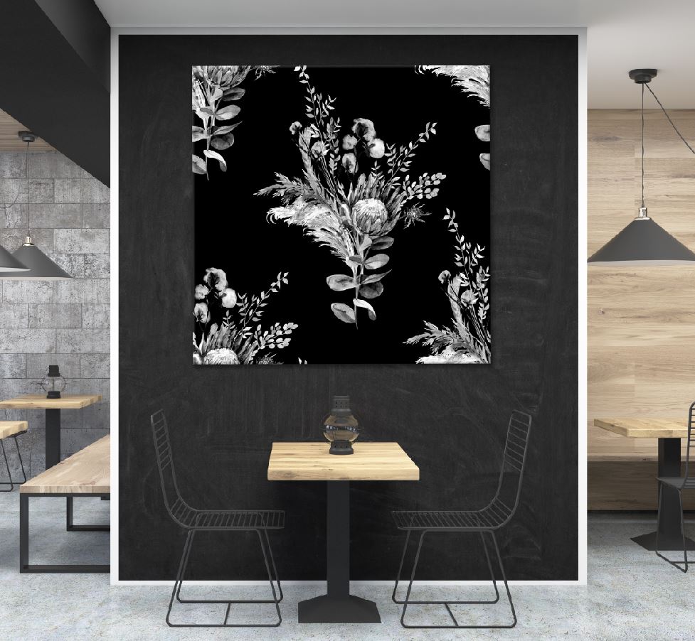 Square Canvas Protea & Leaves B&W Digital Art High Quality Print 100% Australian Made