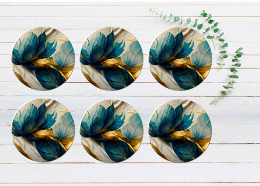 Gold & Blue Leave Abstract Coasters Wood & Rubber - Set of 6 Coasters