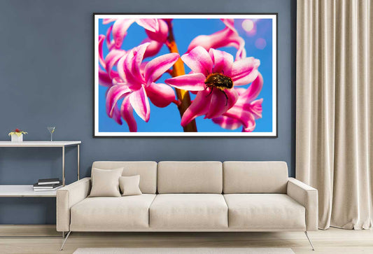 Pink Hyacinth Flowers & Blue Sky View Photograph Home Decor Premium Quality Poster Print Choose Your Sizes