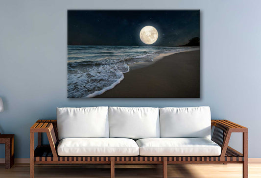 Bella Home Beach Full Moon at Night Print Canvas Ready to hang