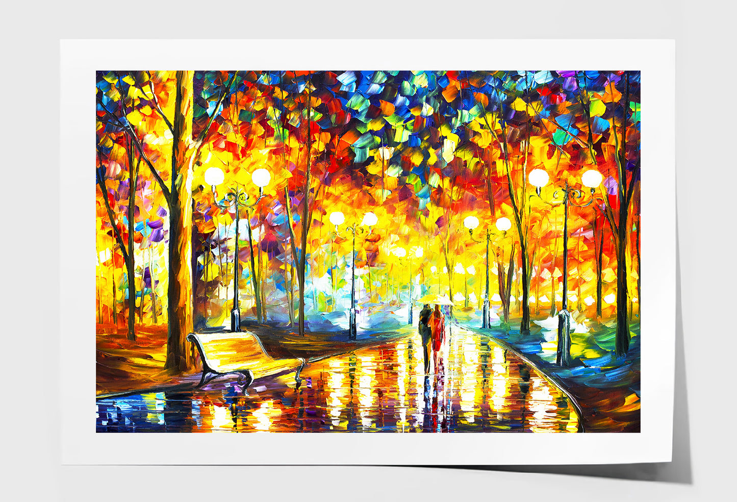 Couple Walking on Road with Autumn Trees Oil Painting Wall Art Limited Edition High Quality Print Unframed Roll Canvas None