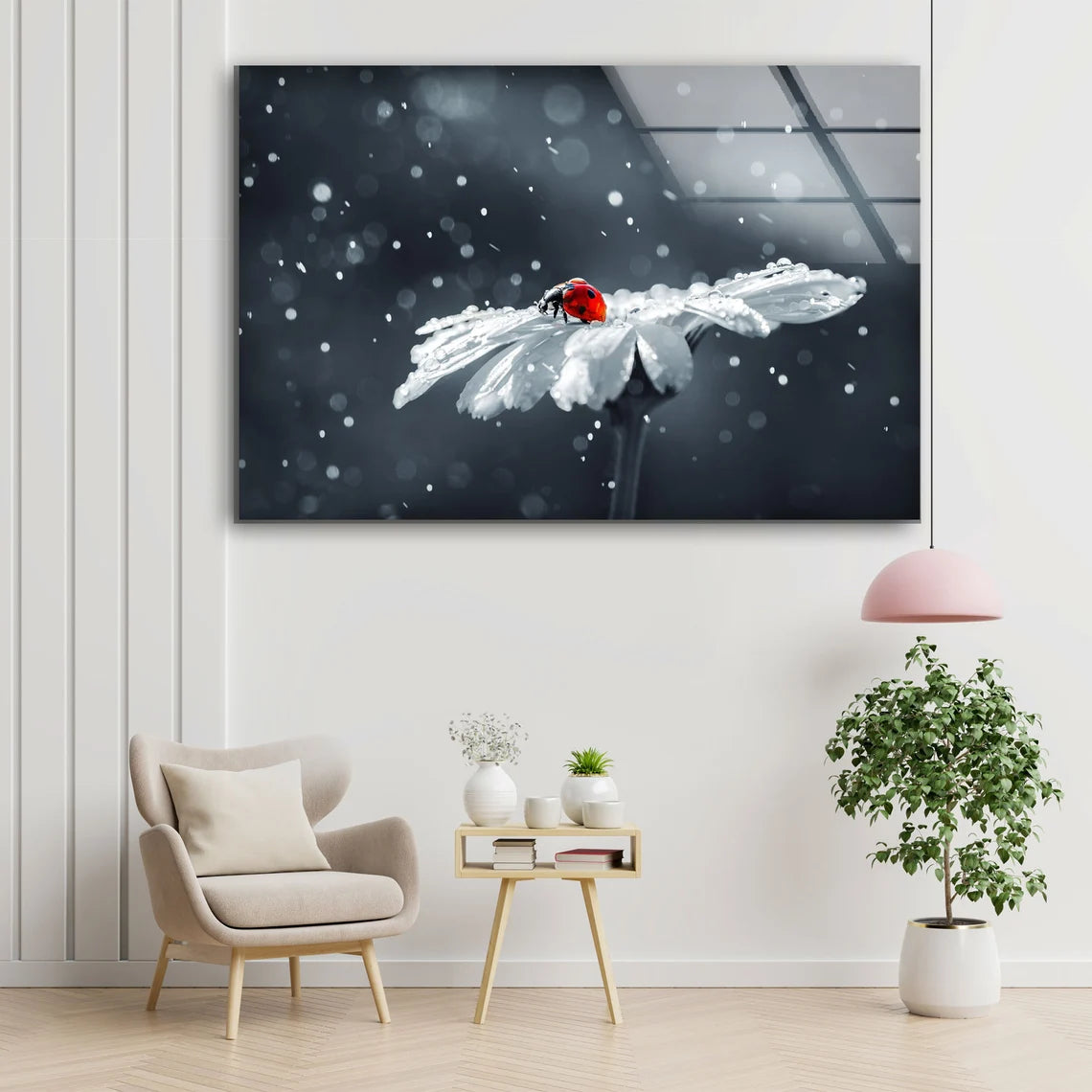 Lady Bird on White Flower Snow Photograph Acrylic Glass Print Tempered Glass Wall Art 100% Made in Australia Ready to Hang