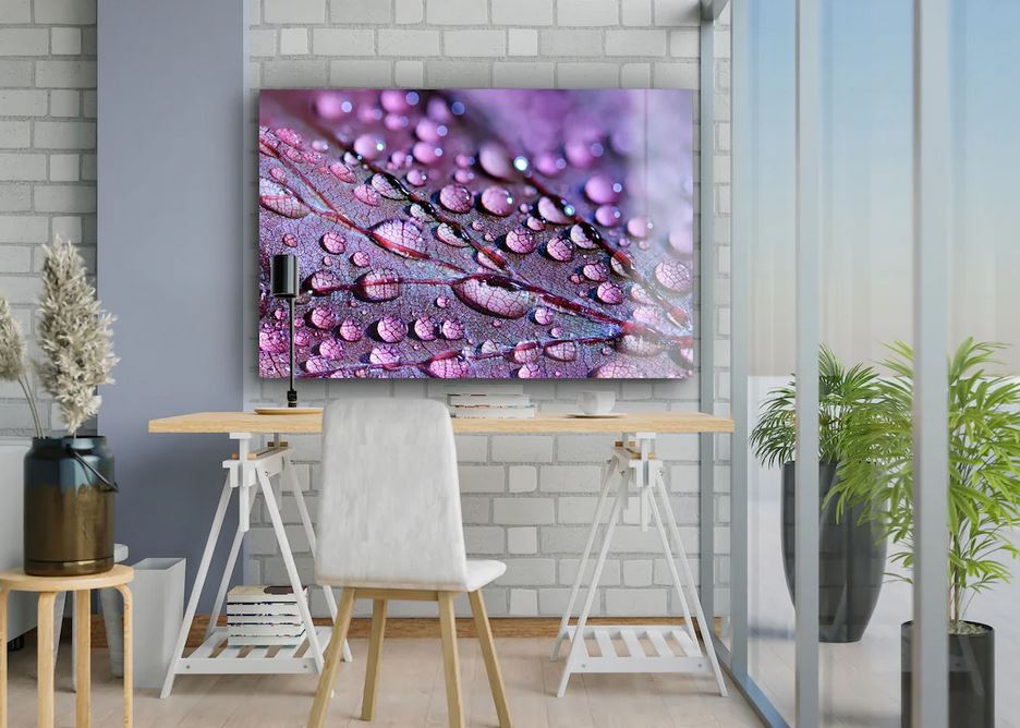 Purple Leaf on Droplet Print Tempered Glass Wall Art 100% Made in Australia Ready to Hang