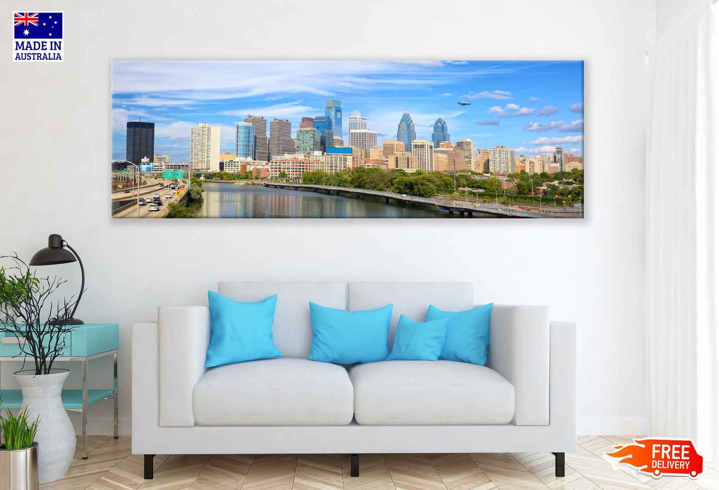 Panoramic Canvas Philadelphia City & Blue Sky View High Quality 100% Australian Made Wall Canvas Print Ready to Hang