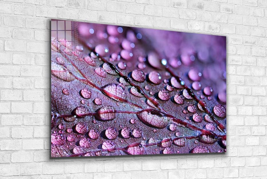 Purple Leaf on Droplet Print Tempered Glass Wall Art 100% Made in Australia Ready to Hang