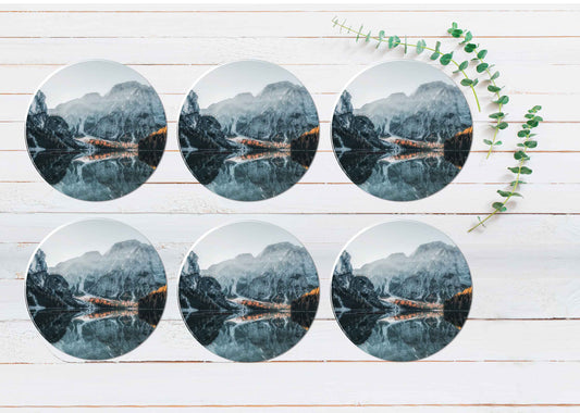 Braies Lake With Boat Coasters Wood & Rubber - Set of 6 Coasters