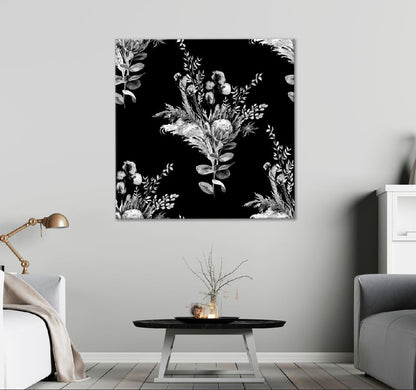 Square Canvas Protea & Leaves B&W Digital Art High Quality Print 100% Australian Made