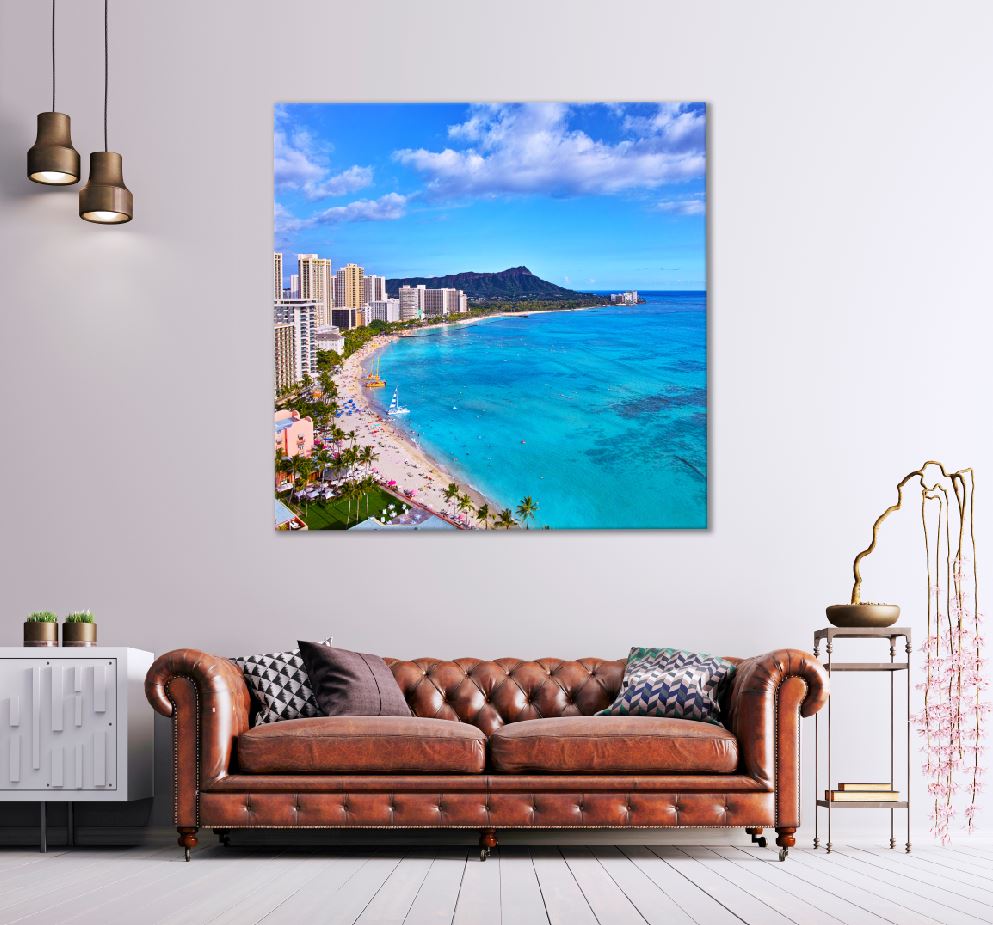 Square Canvas Waikiki Beach Ocean City View Photograph High Quality Print 100% Australian Made