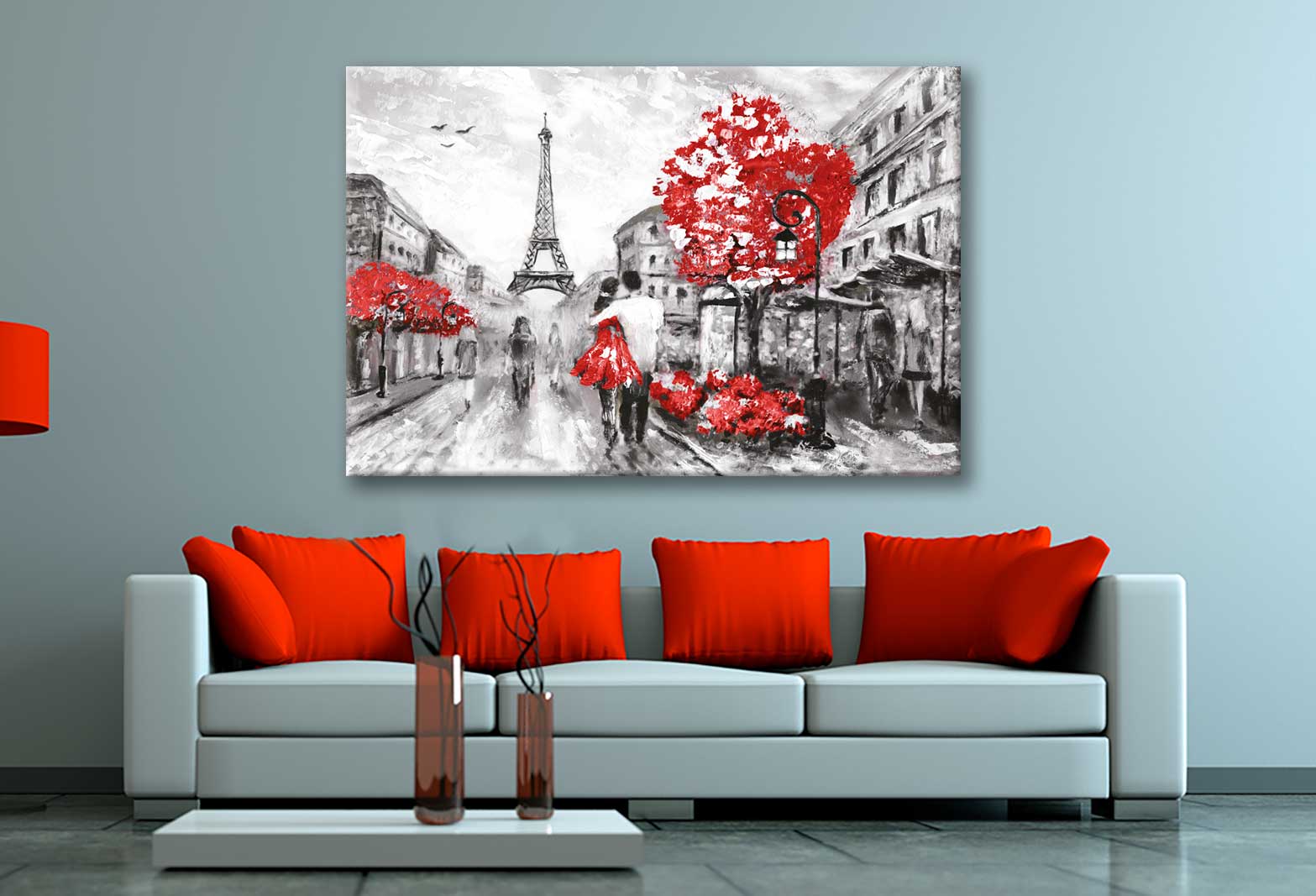 Bella Home B&W Eiffel Tower, Red Trees & Couple Print Canvas Ready to hang