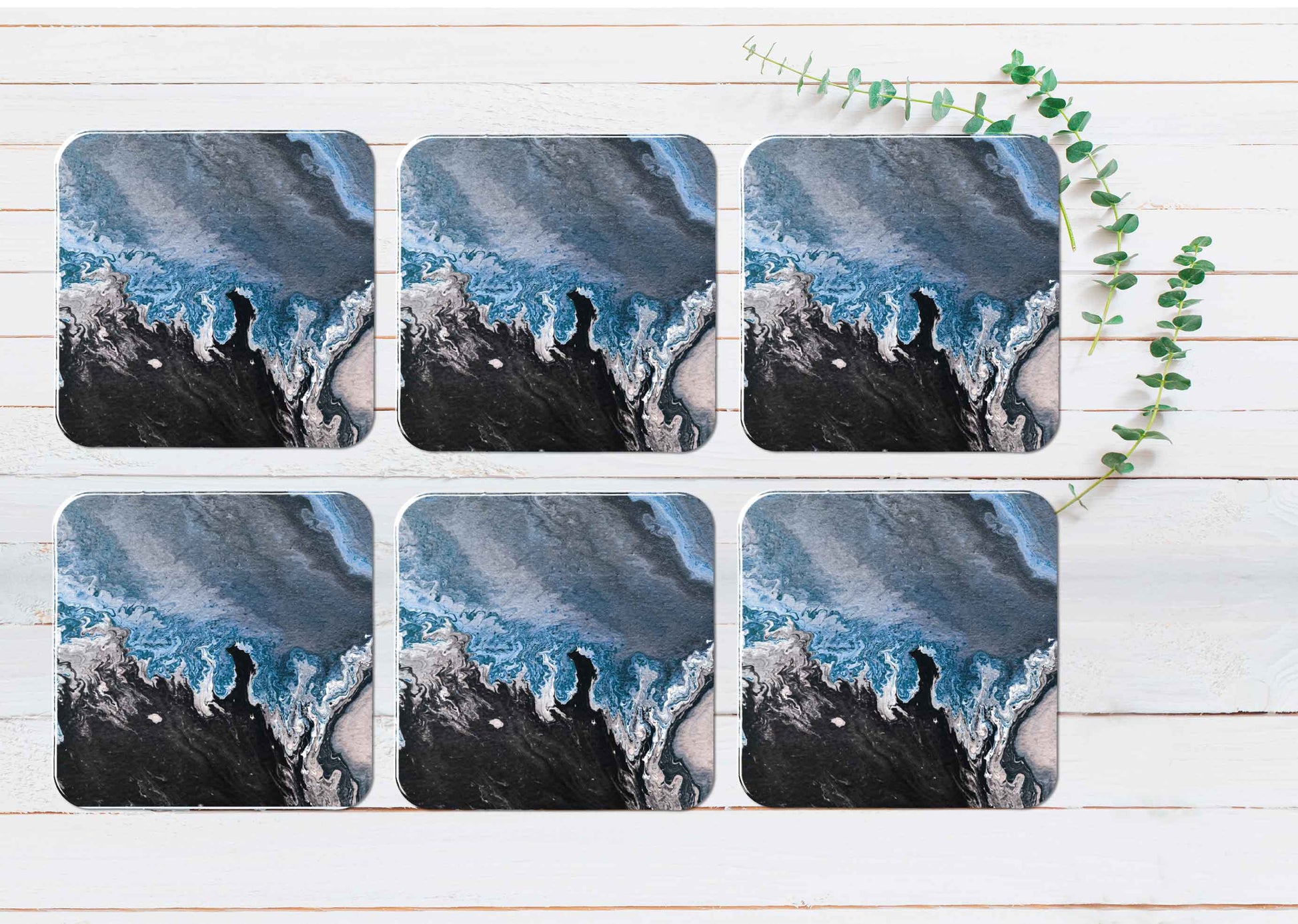 Blue Black Grey Abstract Design Coasters Wood & Rubber - Set of 6 Coasters