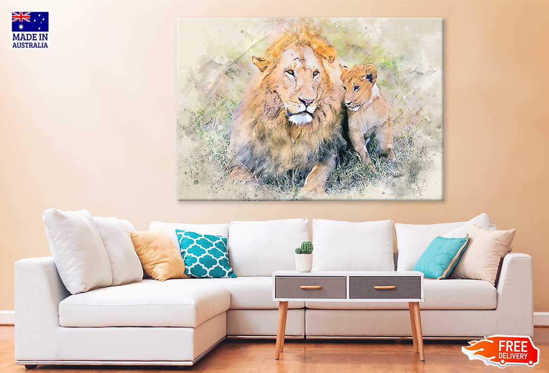 Lion with Cub Watercolor Painting Print 100% Australian Made