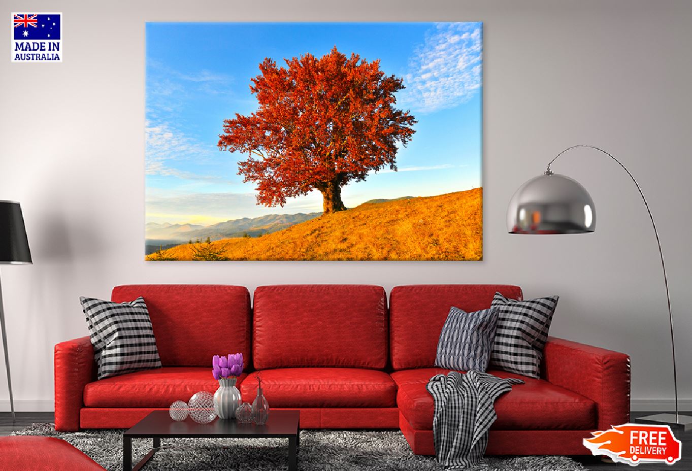 Red Autumn Tree on Mountain View Photograph Print 100% Australian Made