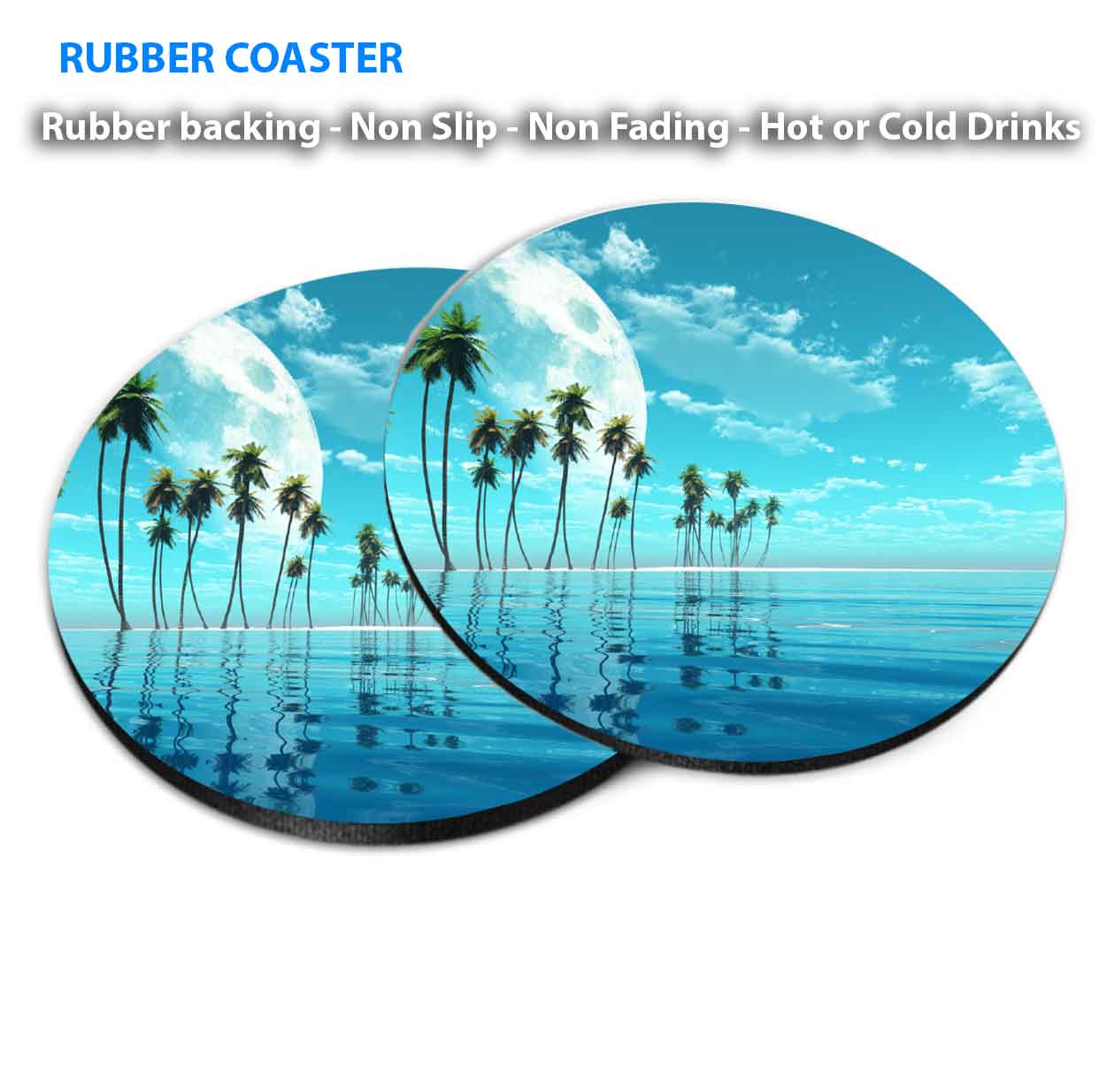 Palms Beach Pool & Moon Blue Sky View Coasters Wood & Rubber - Set of 6 Coasters