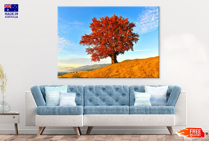 Red Autumn Tree on Mountain View Photograph Print 100% Australian Made