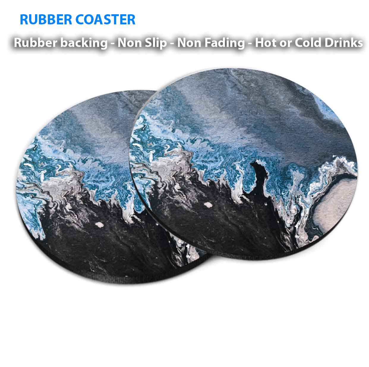 Blue Black Grey Abstract Design Coasters Wood & Rubber - Set of 6 Coasters