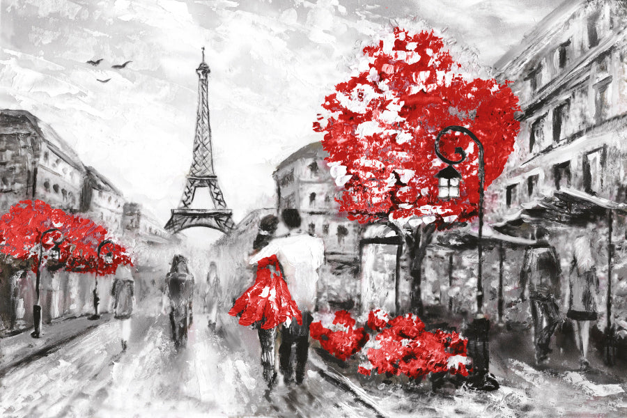 Bella Home B&W Eiffel Tower, Red Trees & Couple Print Canvas Ready to hang