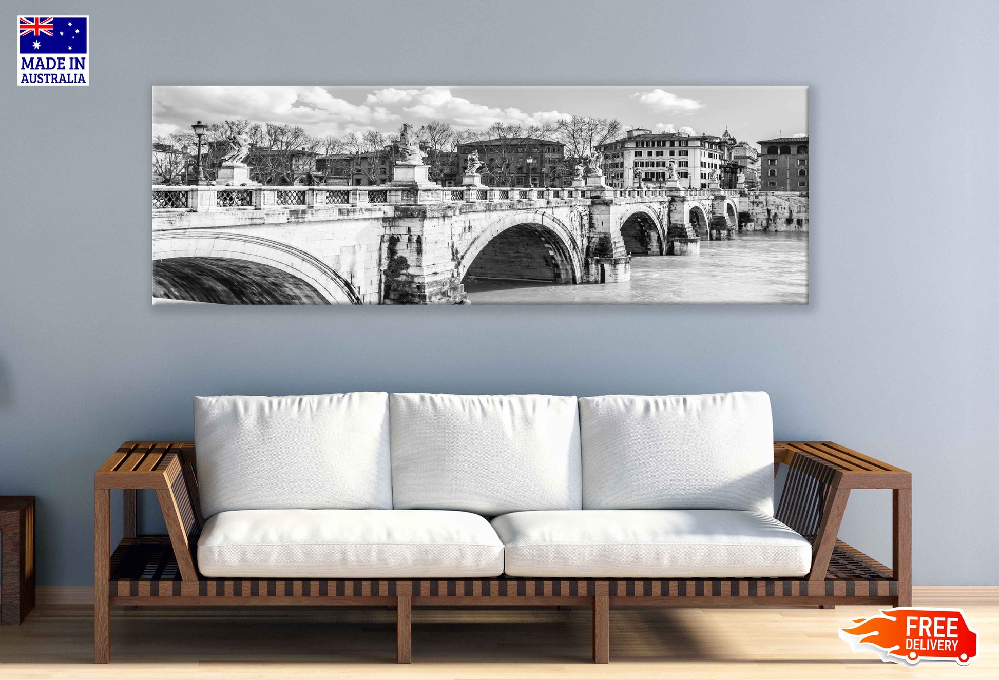 Panoramic Canvas Ponte Bridge B&W View Photograph High Quality 100% Australian Made Wall Canvas Print Ready to Hang