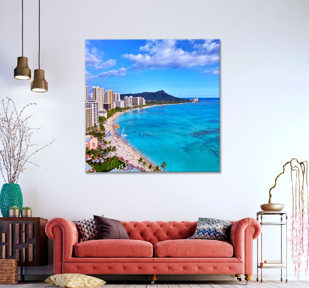 Square Canvas Waikiki Beach Ocean City View Photograph High Quality Print 100% Australian Made