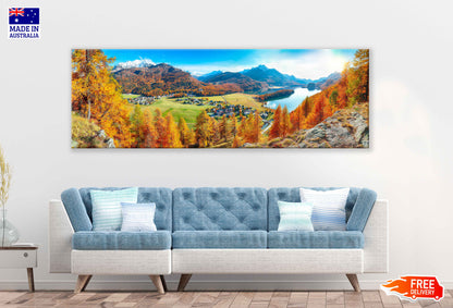 Panoramic Canvas Autumn Trees on Hill View Photograph High Quality 100% Australian Made Wall Canvas Print Ready to Hang