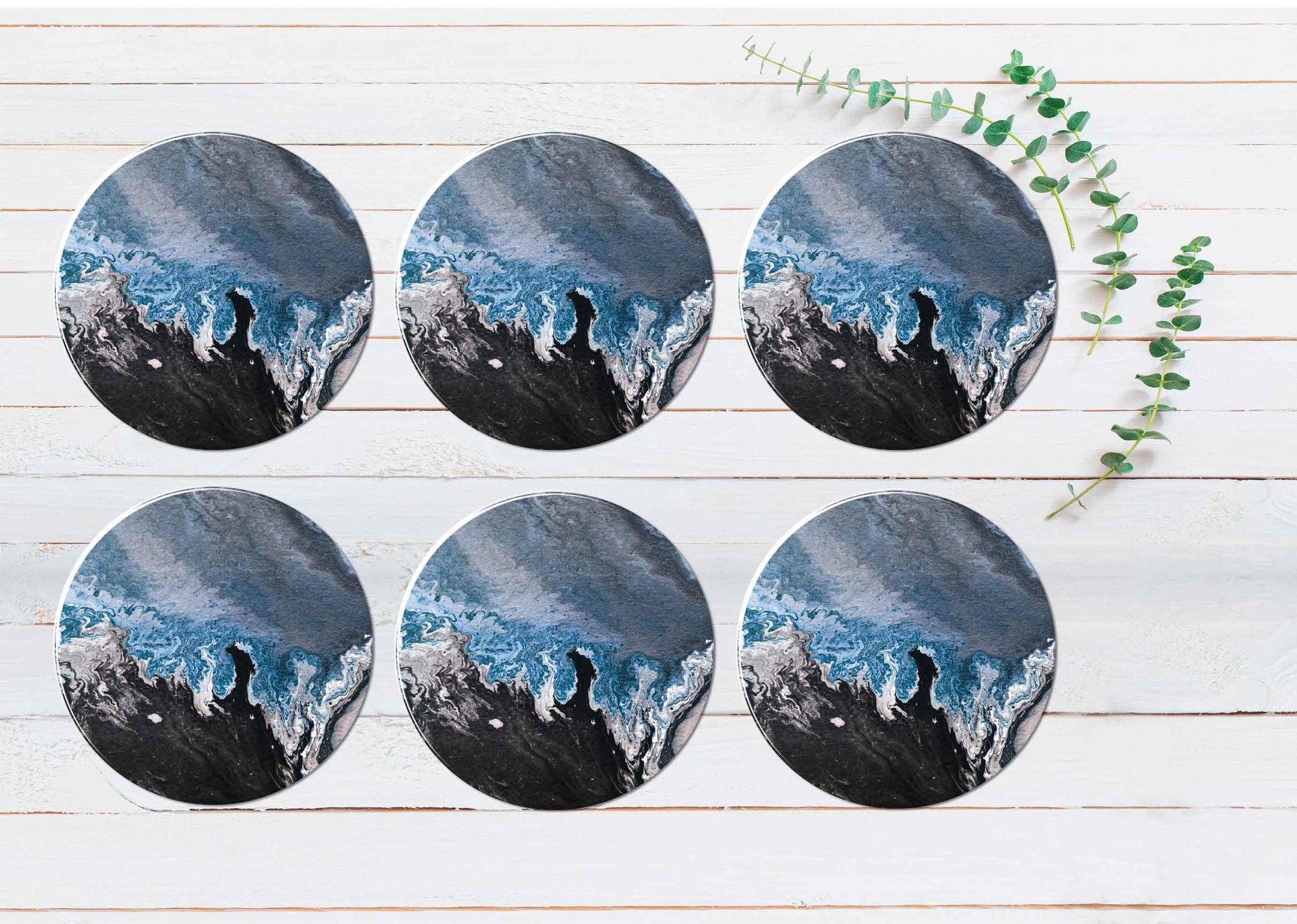 Blue Black Grey Abstract Design Coasters Wood & Rubber - Set of 6 Coasters