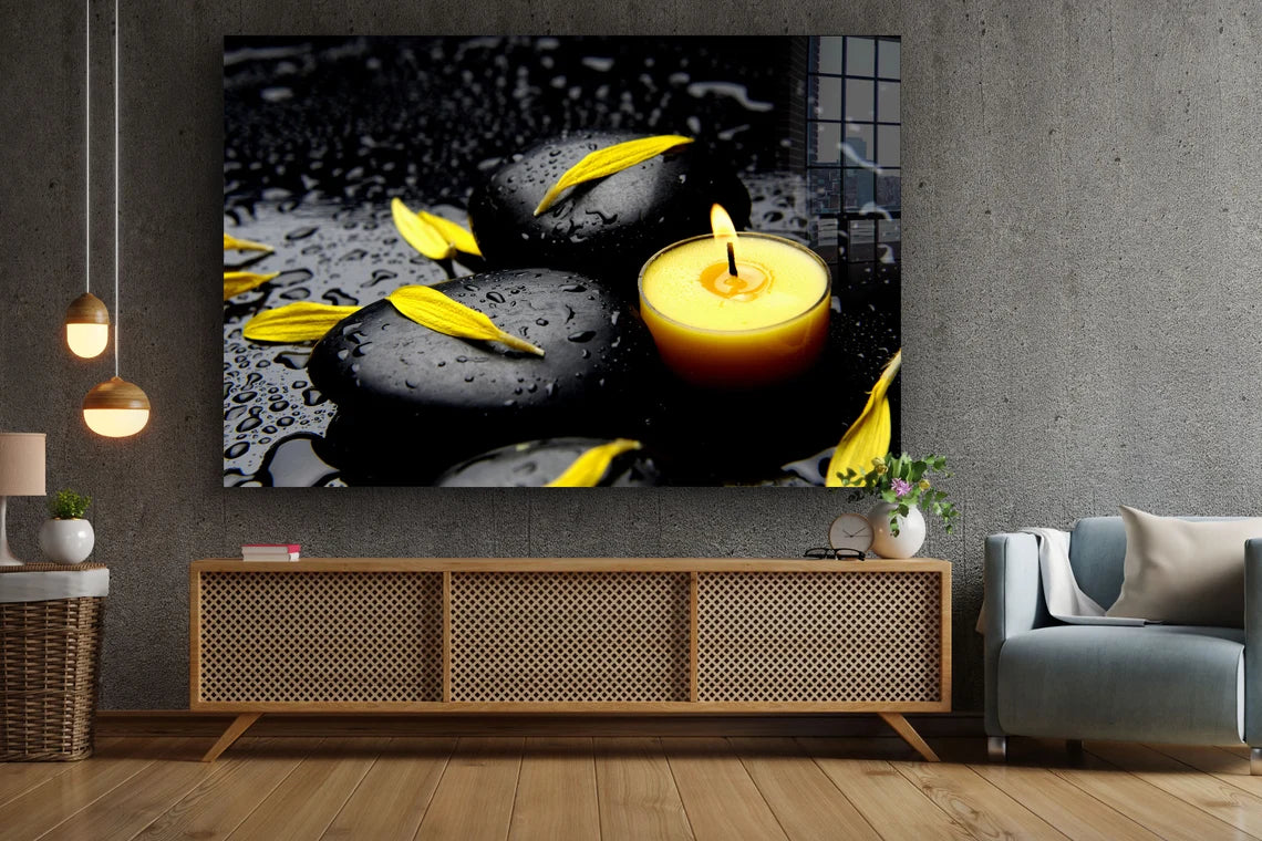 Candle & Yellow Petals Print Tempered Glass Wall Art 100% Made in Australia Ready to Hang