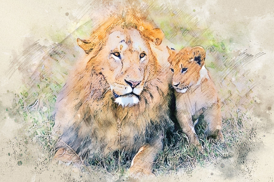 Lion with Cub Watercolor Painting Print 100% Australian Made