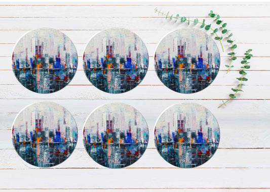 Colorful Watercolor Abstract City Coasters Wood & Rubber - Set of 6 Coasters