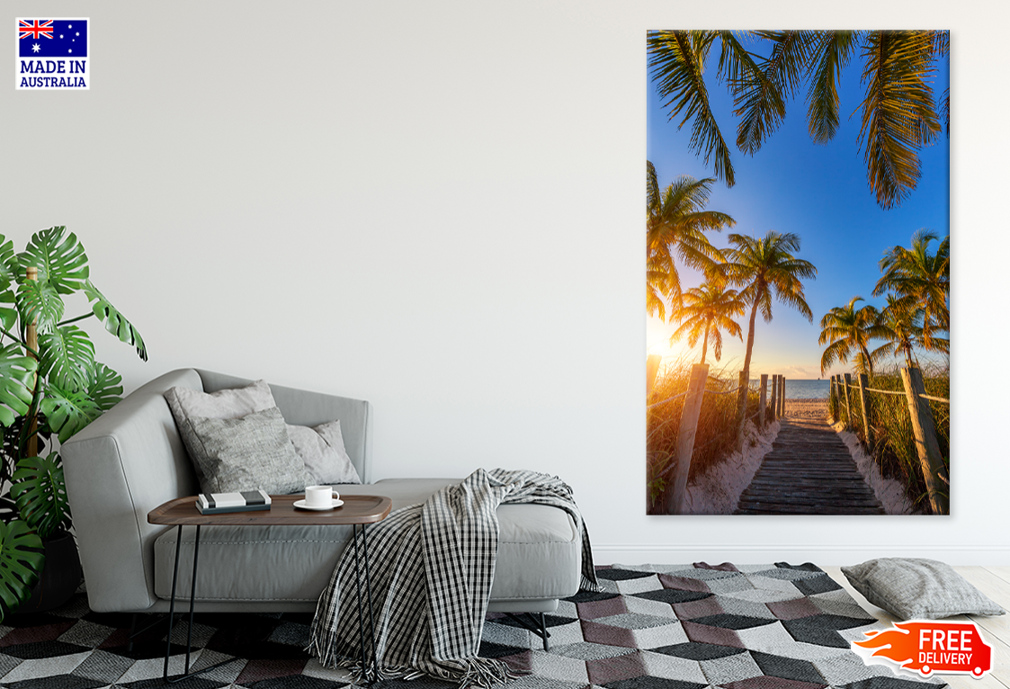 Wooden Pier & Palm Trees Sea Sky View Print 100% Australian Made