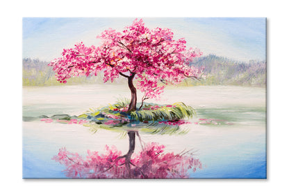 Pink Flower Tree in Lake Oil Painting Wall Art Limited Edition High Quality Print Stretched Canvas None