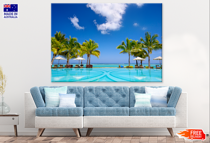 Palm Trees With Swimming Pool & Sea Sky View Photograph Print 100% Australian Made