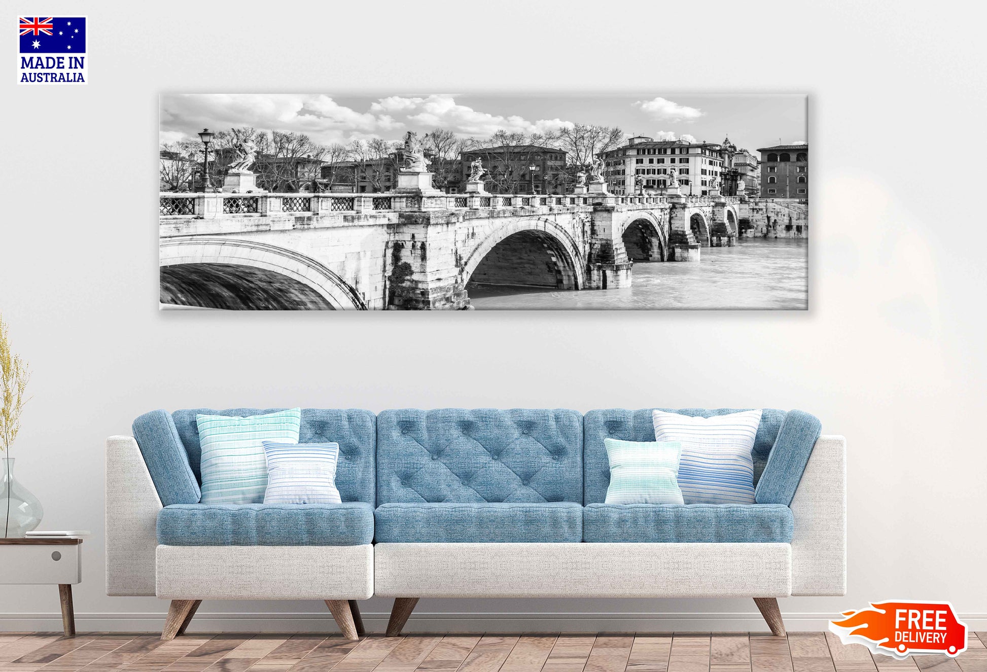 Panoramic Canvas Ponte Bridge B&W View Photograph High Quality 100% Australian Made Wall Canvas Print Ready to Hang