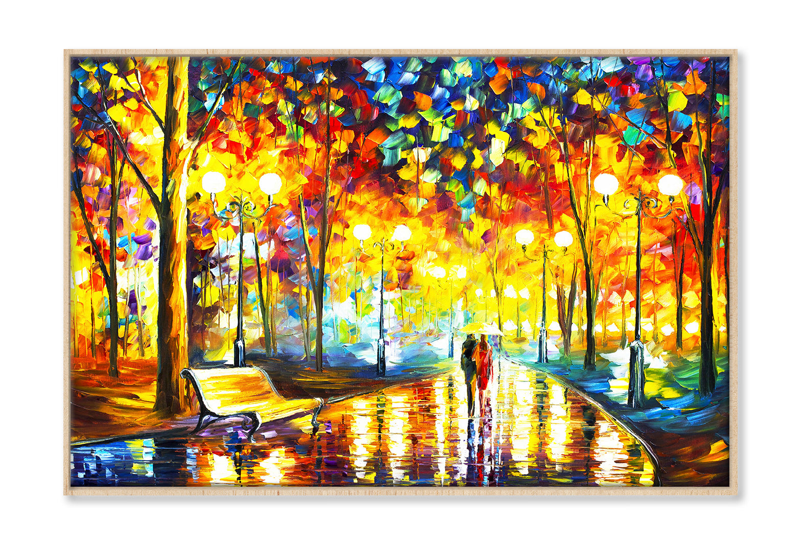 Couple Walking on Road with Autumn Trees Oil Painting Wall Art Limited Edition High Quality Print Canvas Box Framed Natural