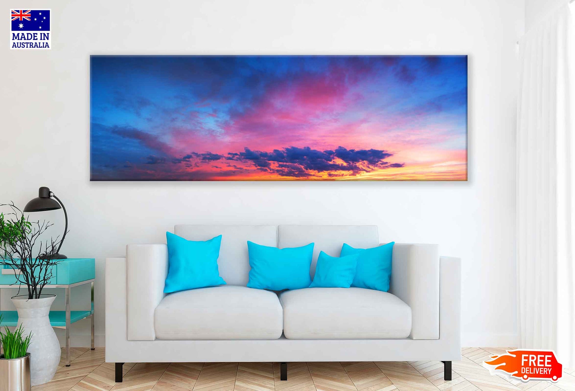 Panoramic Canvas Clouds & Sunrise Over Mountains High Quality 100% Australian Made Wall Canvas Print Ready to Hang