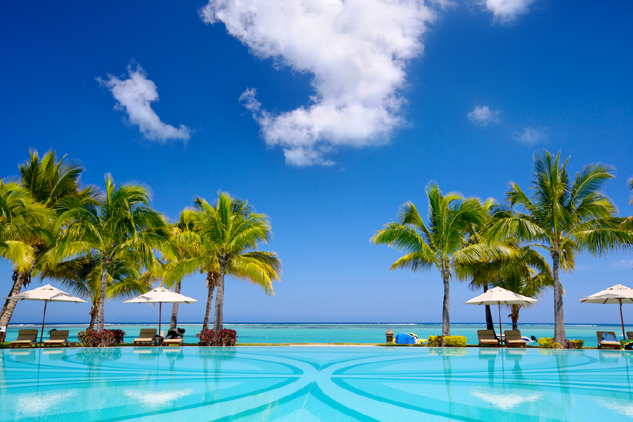 Palm Trees With Swimming Pool & Sea Sky View Photograph Print 100% Australian Made