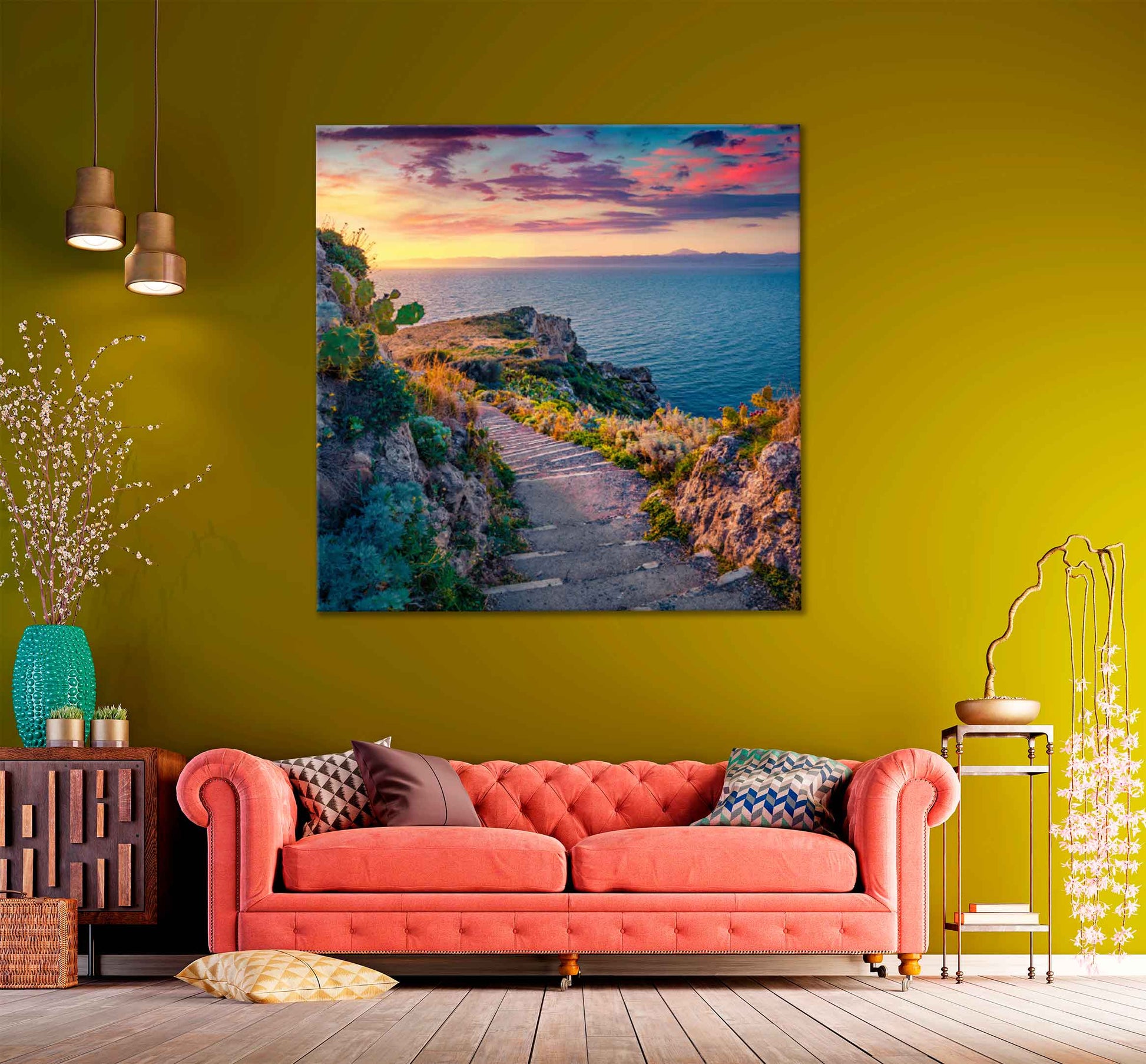 Square Canvas Footpath & Sea Sunset Scenery High Quality Print 100% Australian Made