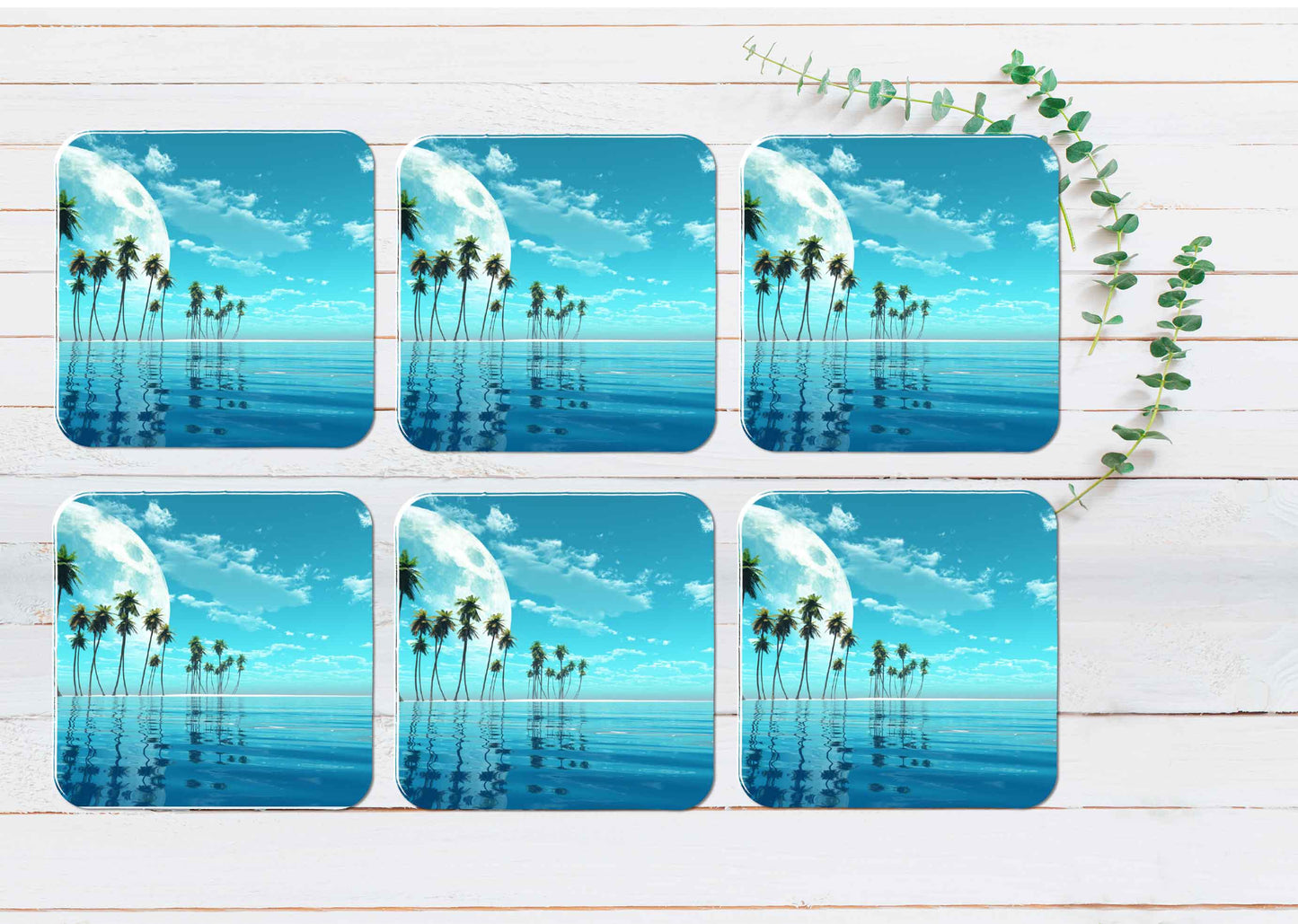 Palms Beach Pool & Moon Blue Sky View Coasters Wood & Rubber - Set of 6 Coasters