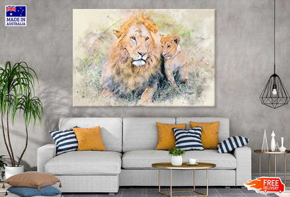 Lion with Cub Watercolor Painting Print 100% Australian Made