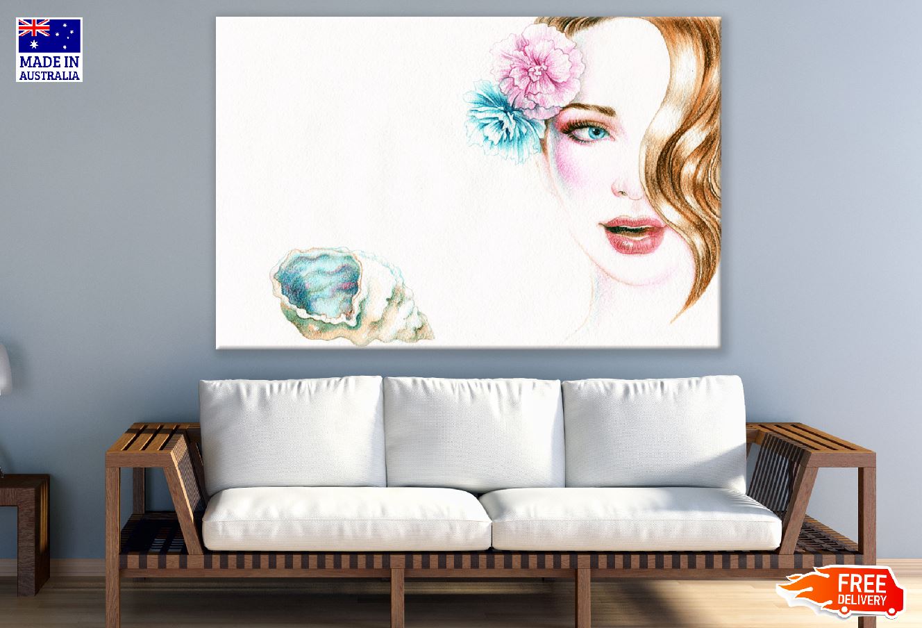 Beautiful Woman with Shell and Flowers Abstract Painting Print 100% Australian Made