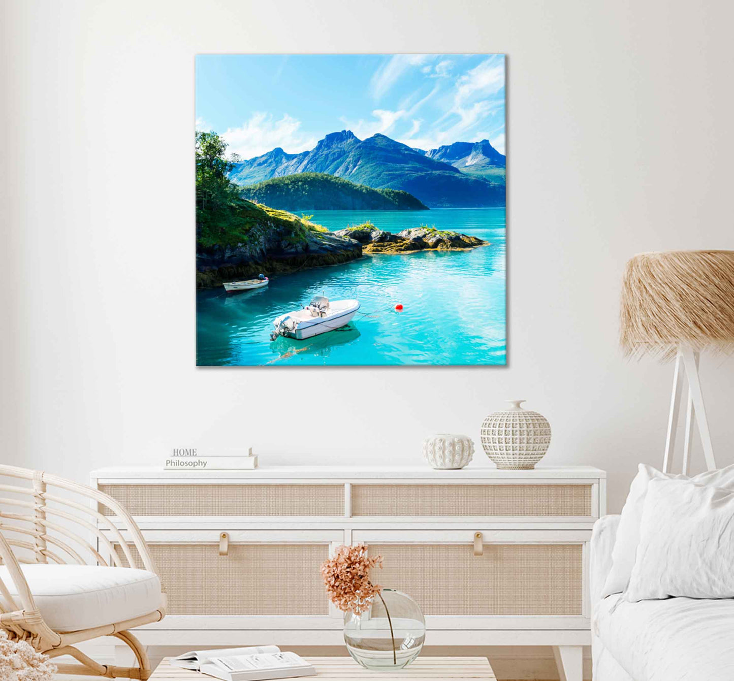 Square Canvas Mountains Lake & Boats Photograph High Quality Print 100% Australian Made