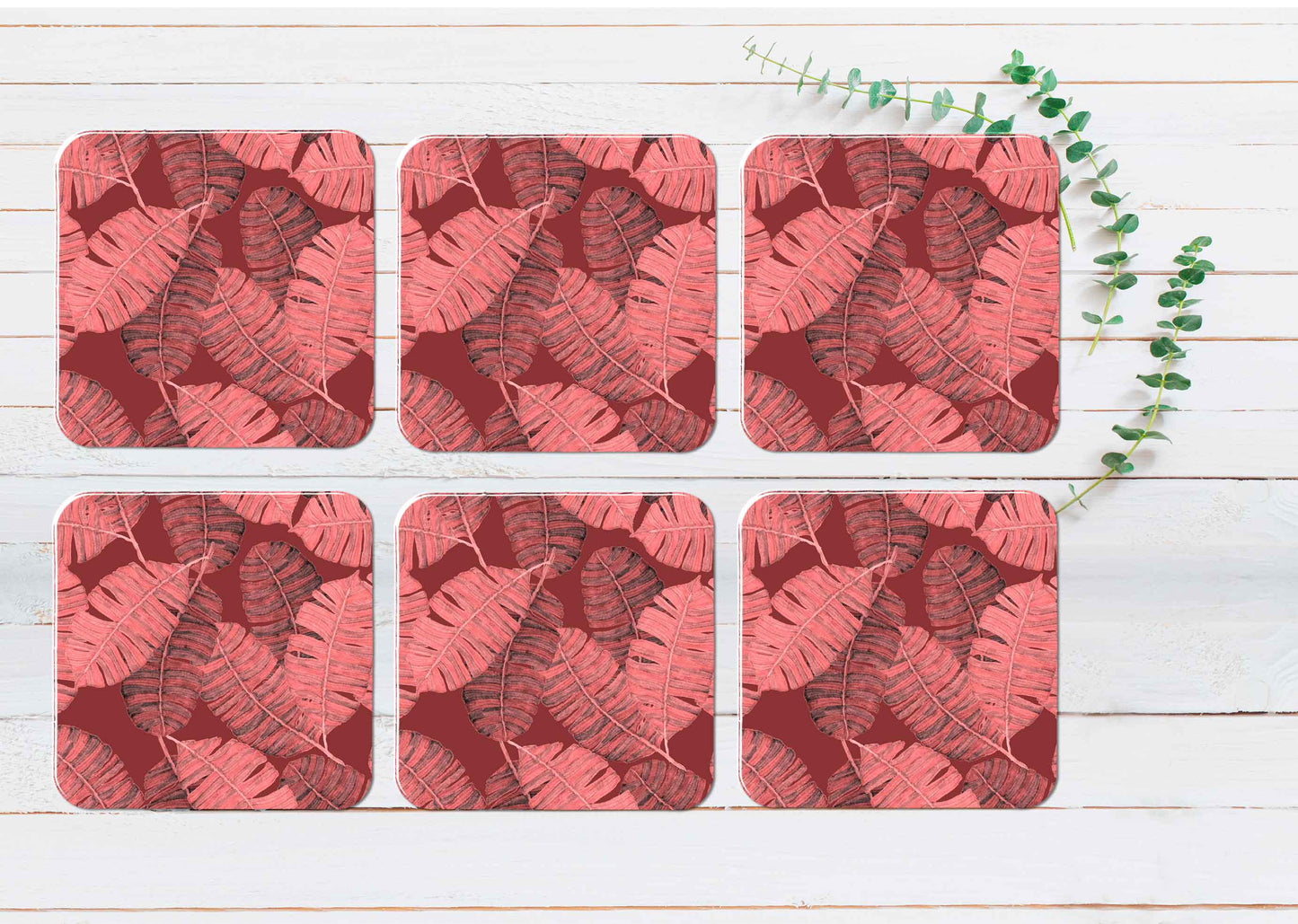 Red Vector Leaves Coasters Wood & Rubber - Set of 6 Coasters