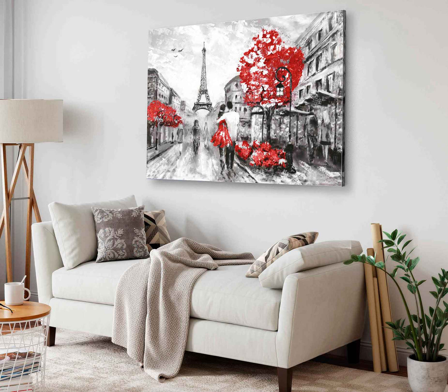 Bella Home B&W Eiffel Tower, Red Trees & Couple Print Canvas Ready to hang