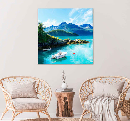 Square Canvas Mountains Lake & Boats Photograph High Quality Print 100% Australian Made