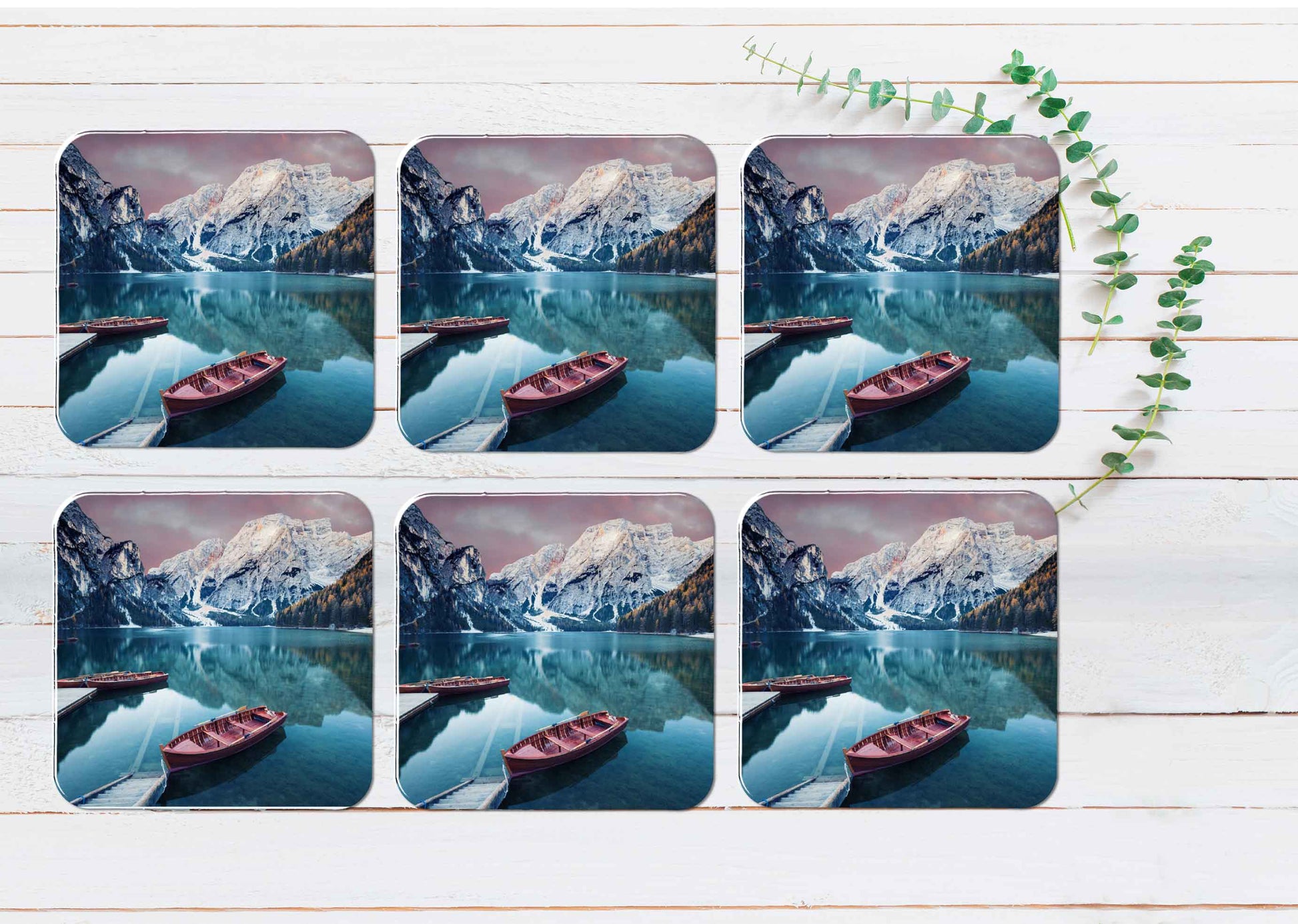 Wooden Boat at The Alpine Mountain Lake Coasters Wood & Rubber - Set of 6 Coasters
