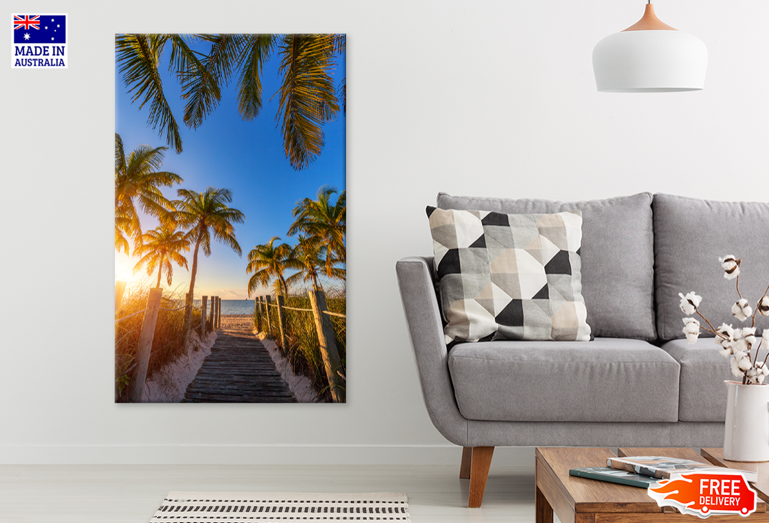 Wooden Pier & Palm Trees Sea Sky View Print 100% Australian Made