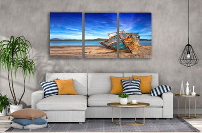 3 Set of Old Boat on Beach Photograph High Quality Print 100% Australian Made Wall Canvas Ready to Hang