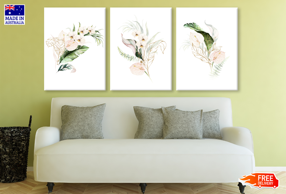 3 Set of Floral & Leaves Painting High Quality print 100% Australian made wall Canvas ready to hang