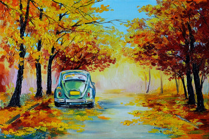 Bella Home Car in The Autumn Forest Road Painting Print Canvas Ready to hang