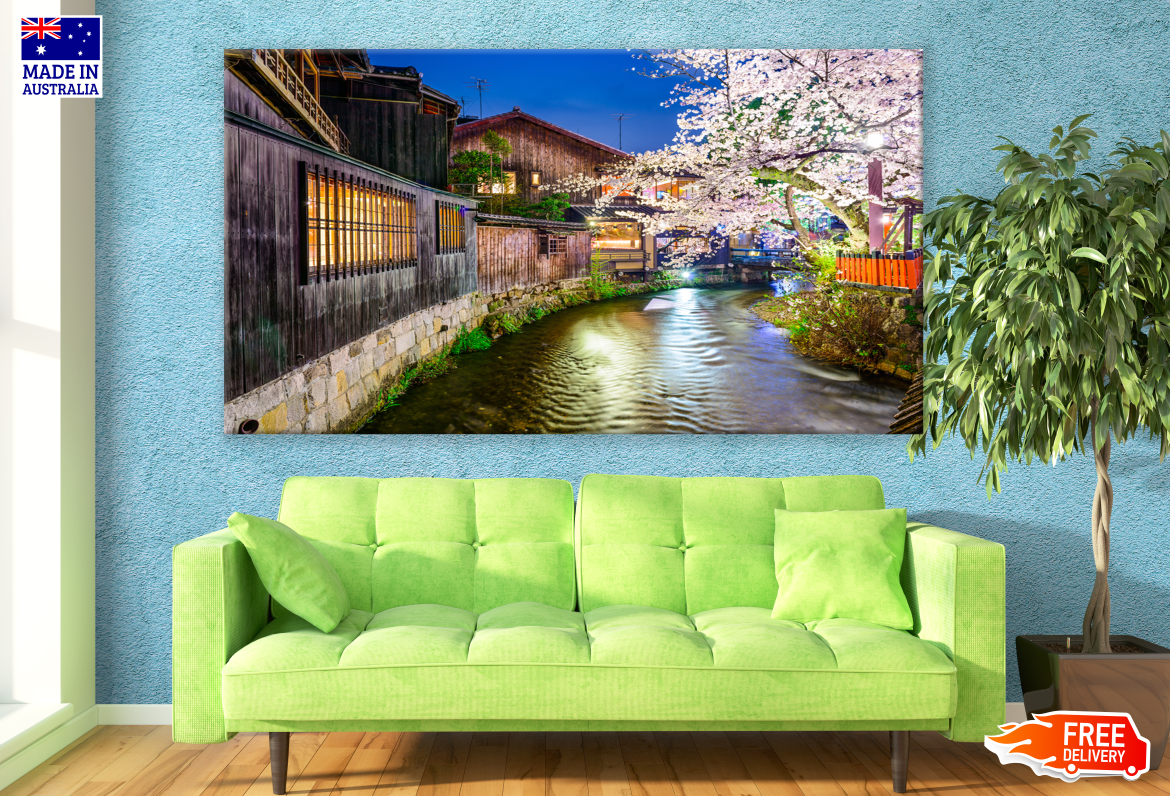 Canal in Japan & Chery Blossom Tress Around Photograph Print 100% Australian Made