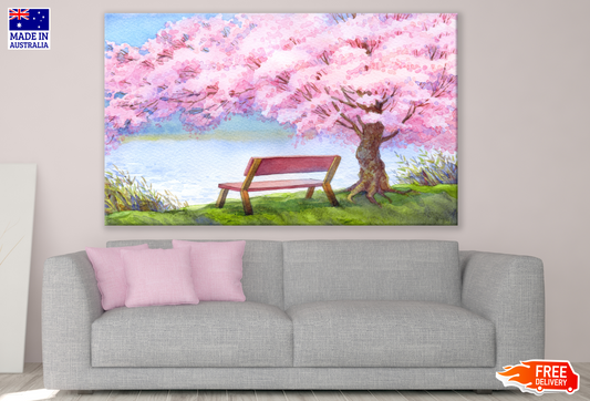 Bench Under a Cherry Blossom Tree Near A River Painting Print 100% Australian Made