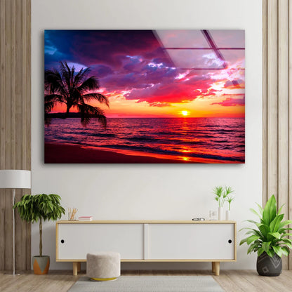 Palm Tree Near Sea Sunset Photograph Acrylic Glass Print Tempered Glass Wall Art 100% Made in Australia Ready to Hang